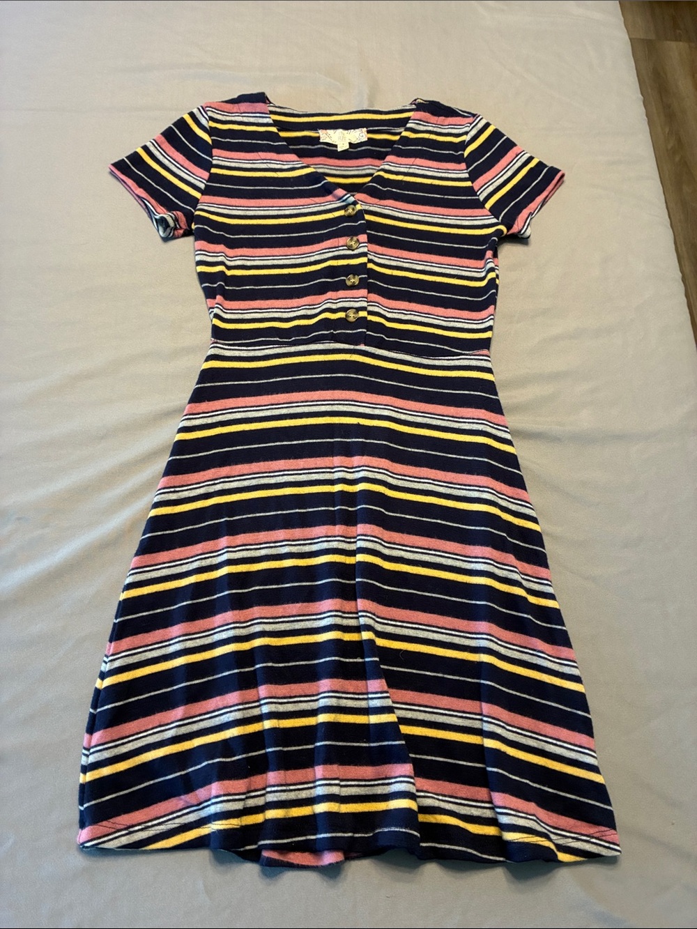 Pink Rose Navy, Pink & Yellow Striped Short Sleeve Mini Dress